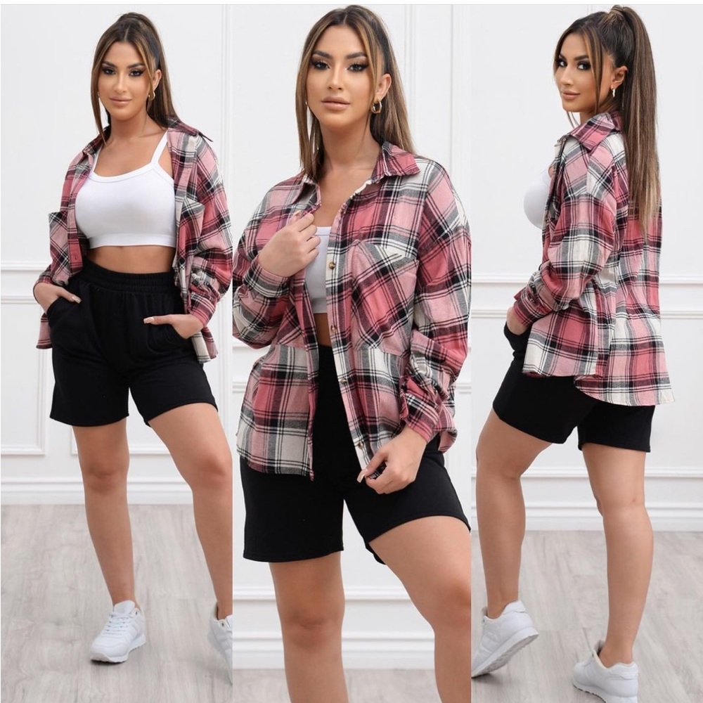 Kira Plaid Top-Pink/Navy